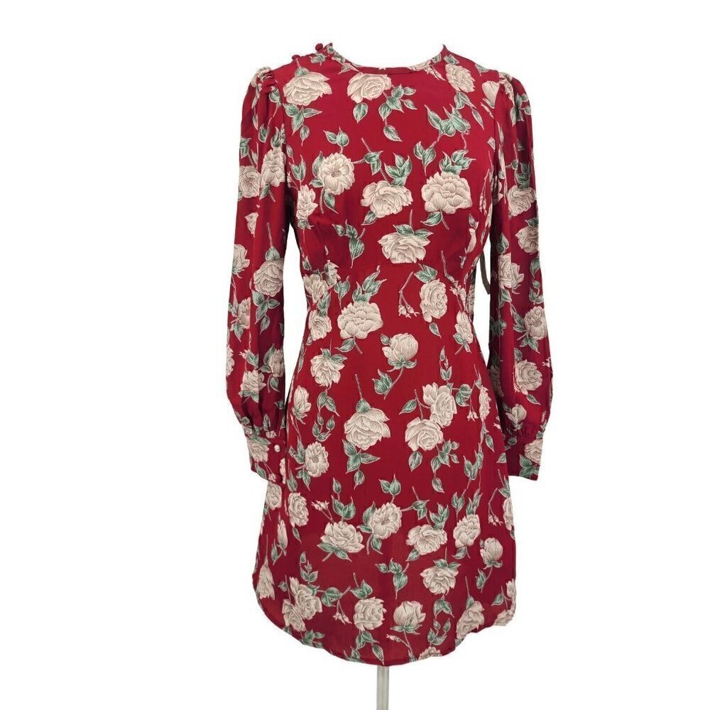 New Flynn Skye Elena Mini Dress Womens M Red White Roses Rayon LS Open Back